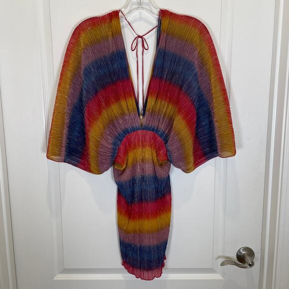 Rotate Birger Christensen Striped Plisse Mini Dress in Rainbow Metallic 36 US 4 - Picture 4 of 7